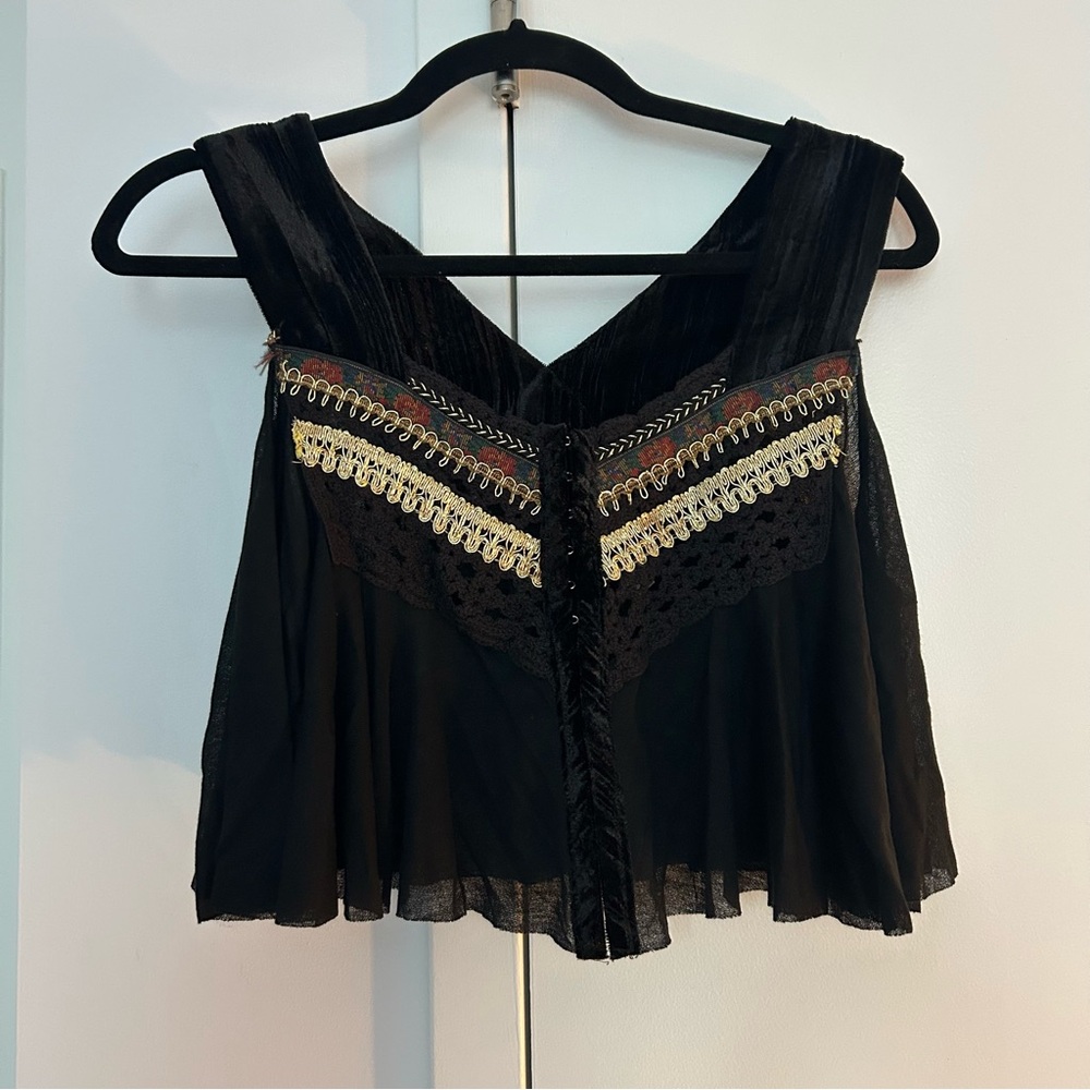Free People Black and Gold Flowy crop Top with Embroidery